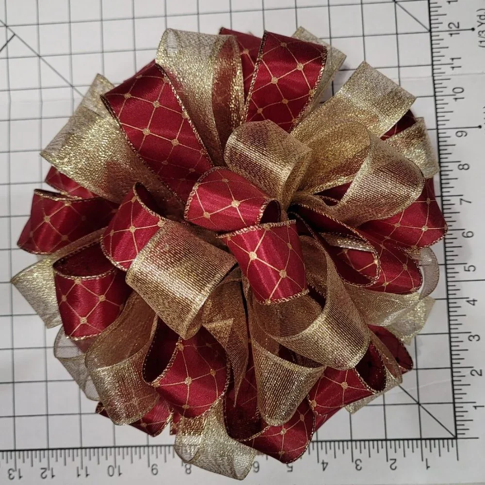 Christmas Tree‎ Bow Topper, Burgundy w Gold Pattern and Gold Ribbon Tree Topper
